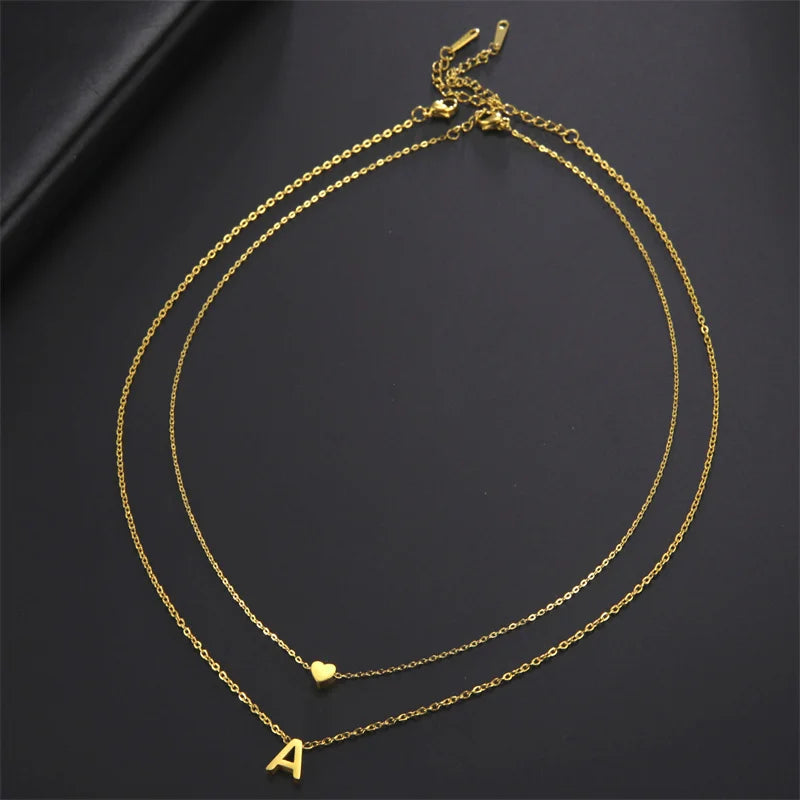 Fashion Tiny Heart Initial Necklace Gold Silver Color Multilayer Letter Choker Necklace For Women Charm Pendant Jewelry Gift