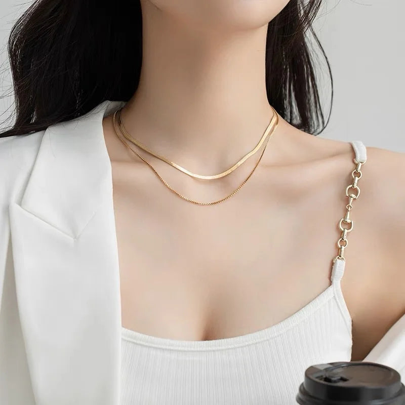 Fashion Multilayer Snake Chain Necklaces For Women Gold Color Herringbone Choker Clavicle Neck Chains 2023 Trendy Jewelry Gifts