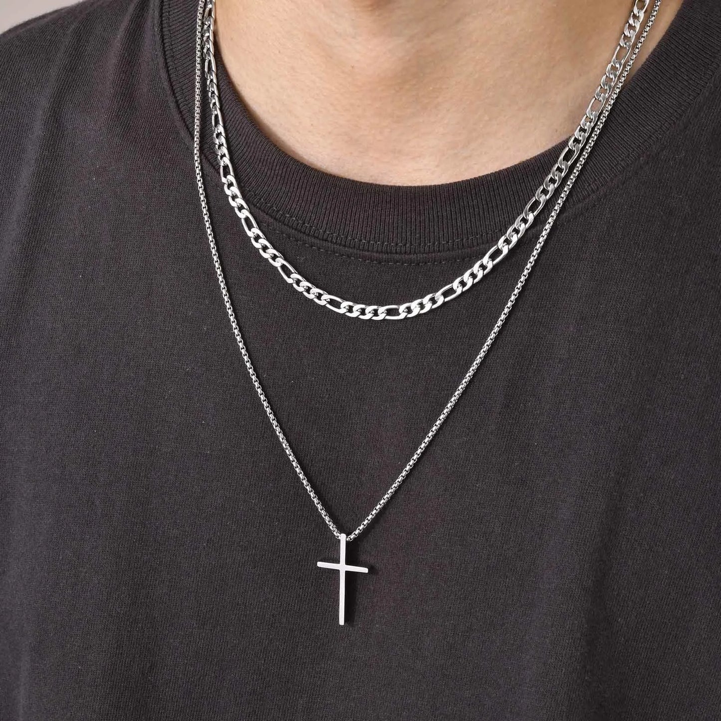 Vnox Mens Cross Necklaces, Stainless Steel Layered Plain Cross Pendant, Rope Box Chain Necklace, Simple Prayer Jesus Collar