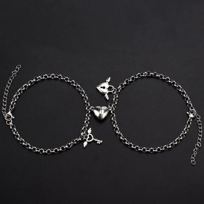 GUFTM 1Pair Romantic Couple Bracelet for Women Men Heart Magnet Lock Key Double Layer Chain Bracelet Trendy Lover Jewelry Gifts