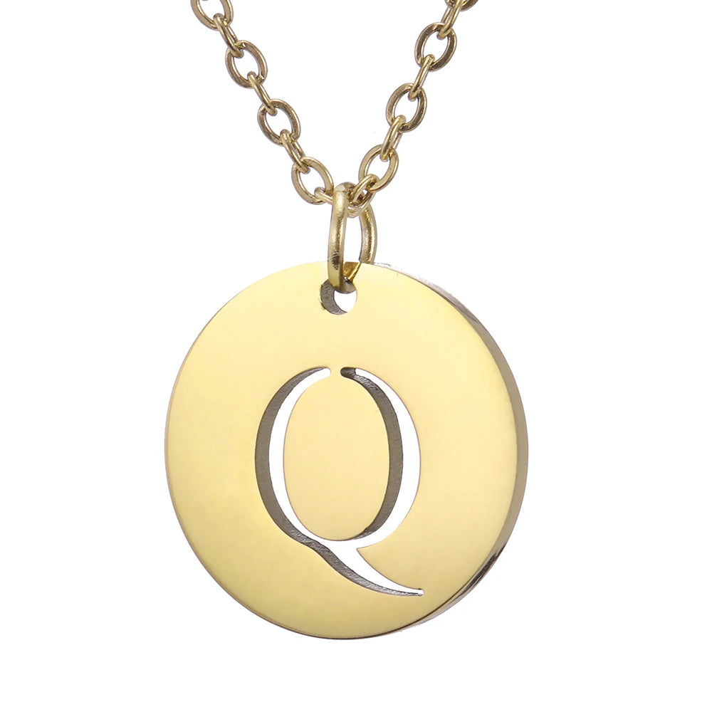 Amaxer Stainless Steel Necklace Fashion Gold Color Initial Charms Metal Round A To Z Letters For Women Single Name Jewelry Gifts