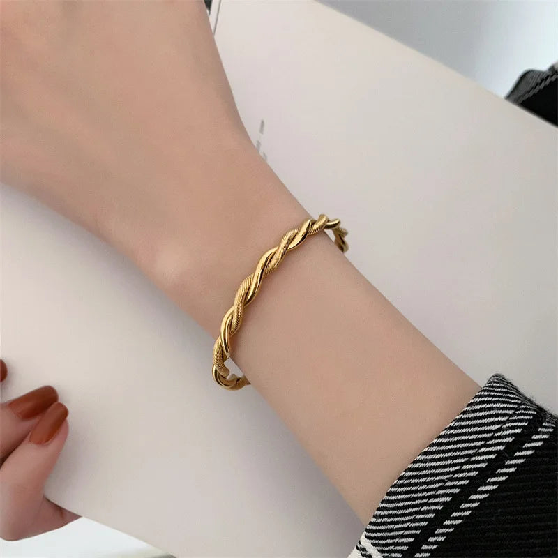 Trendy Charm Cuff Twist Bracelets Opening Bangles for Women Gold Color 316L Stainless Steel Wire Thin Simple Bangles Jewelry