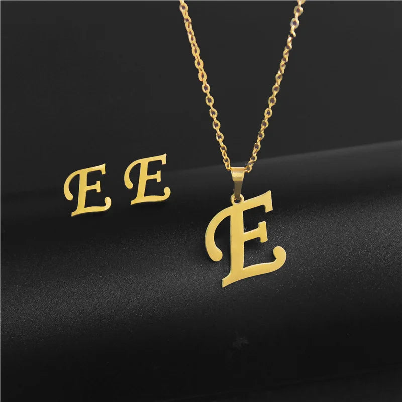 New Simple Gold Color A-Z 26 Letters Initial Pendant Necklace Set for Women Couple Stainless Steel Alphabet Name Chain Choker