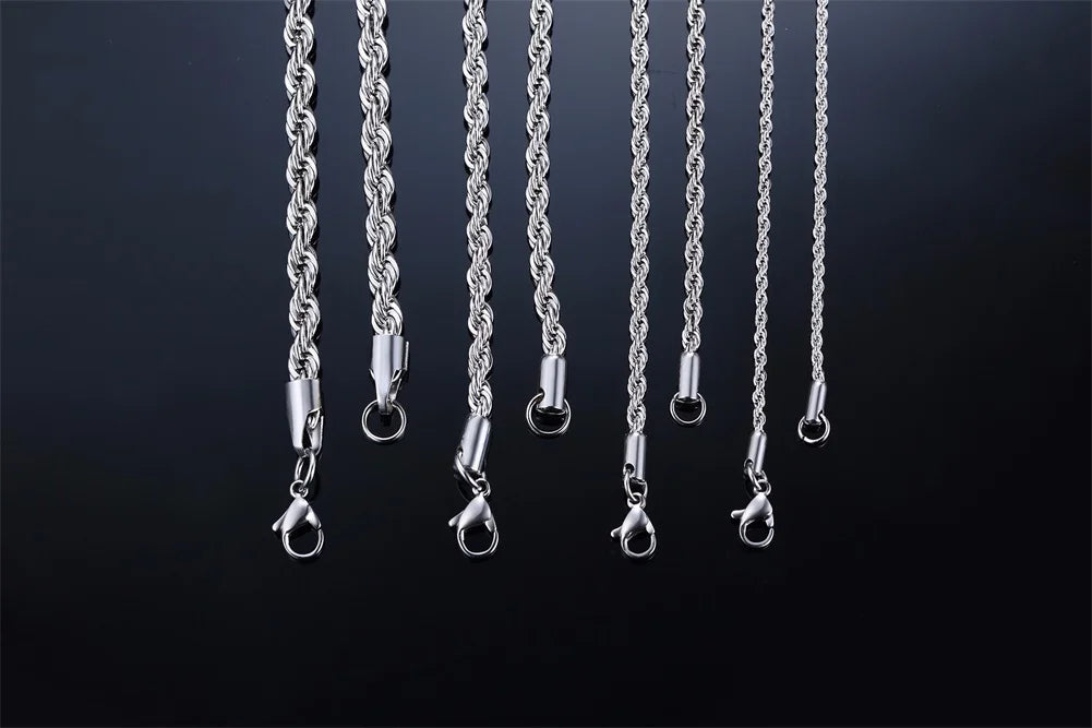 Men Ropes Long Necklace Stainless Steel Minimalist Twist Rope Chain Necklace Available in Gold Color Silver Color 2 TO 5mm