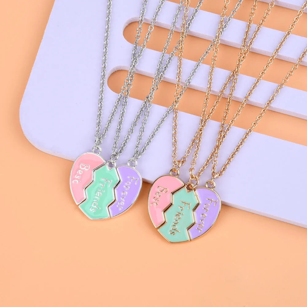 Lovecryst 3Pcs/set Cute 3-color Heart Broken Stitching Magnetic Best Friend Necklace for Girls BFF Friendship Jewelry Gift