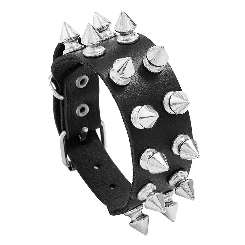 DIEZI Personality Hip Hop Men Spiked Rock Bracelet Bangle Women Vintage Punk Cosplay Black PU Leather Wrap Bracelet New Jewelry