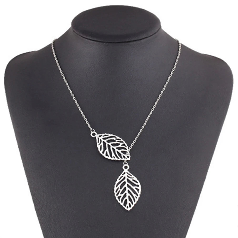 New Fashion Double Leaves Women Boho Simple Alloy Clavicle Necklace Leaf Pendants Necklaces Collares Accessories Jewelry Gift