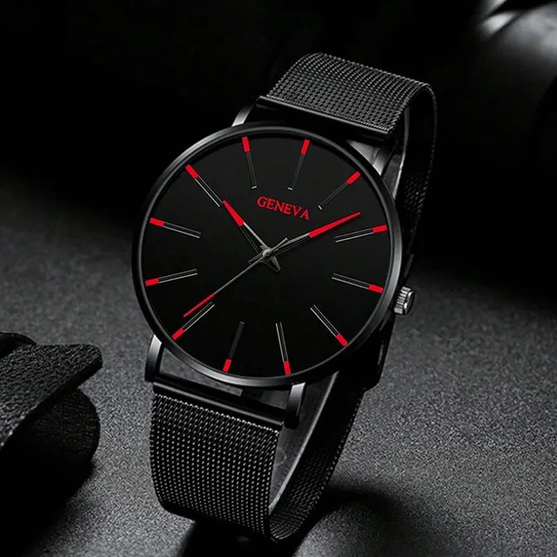 5pcs Luxury Black Stainless Steel Mesh Belt Quartz Watch With Bracelet For Men Casual Fashion Round Watch In Daily Sport Watches