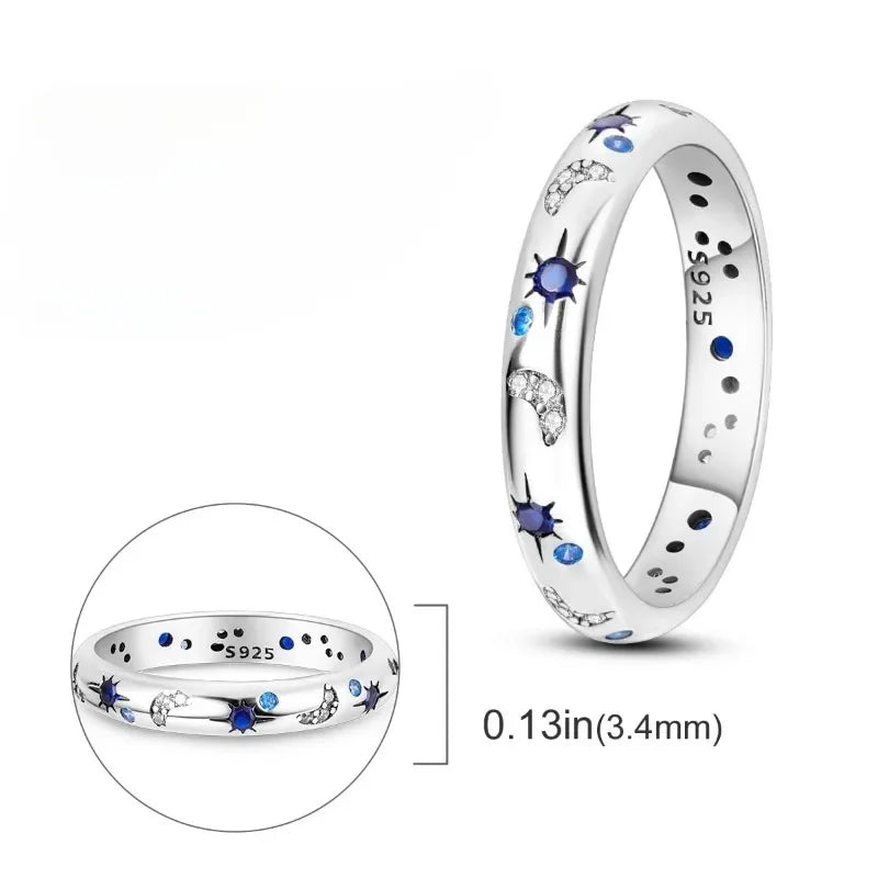 2023 New Celestial Blue Sparkling Moon Sun Star Crystal Ring for Women Fashion Elegant Stackable Finger Band Party Jewelry Gifts