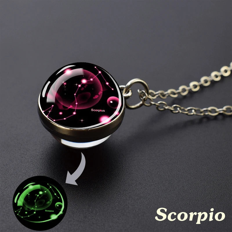 12 Constellation Necklace Starry Sky Luminous Zodiac Glass Ball Pendant Necklace Christmas Gift for Men Women