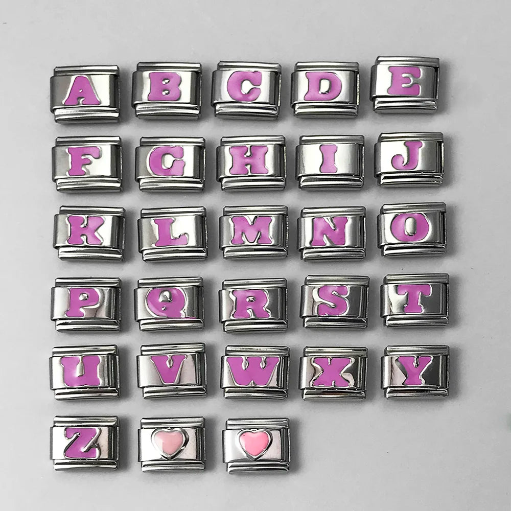 2024 New Fashion Pink 26 English Letters A-Z Italian Links Charm Fit 9mm Stainless Steel Women Men Bracelet Jewelry DIY Making