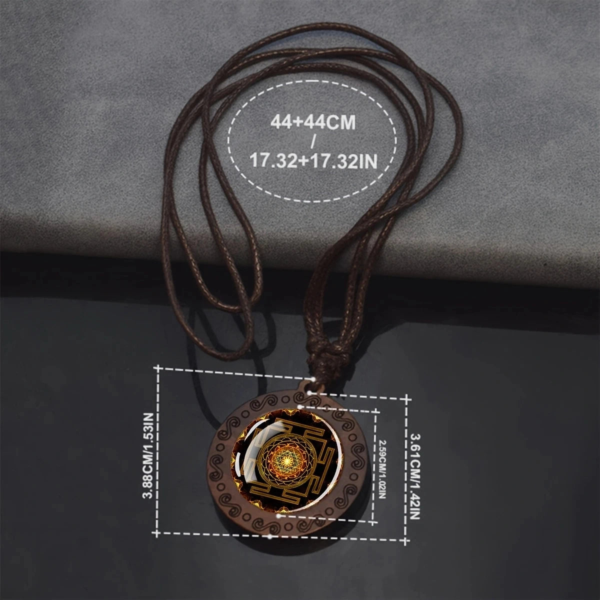 Sri Yantra Mandala Glass Necklace Wood Pendant Buddhist Sacred Geometry Jewelry Spiritual Yoga Gift