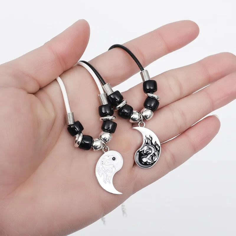 2/4Pcs Tai Chi Yin Yang Couple Bracelets Necklaces Set Pendant Adjustable Braid Chain Bracelet Matching Lover Bracelets Choker