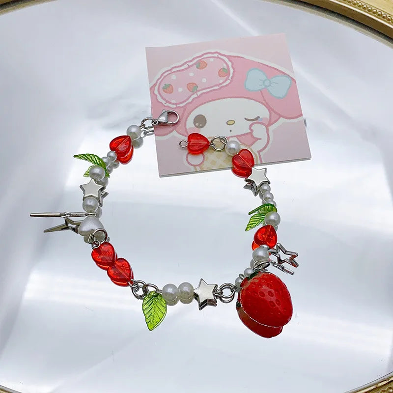 1 Pc Exquisite Strawberry Cute Fashion Color Alloy Beaded Bracelet Set Women Party Favors