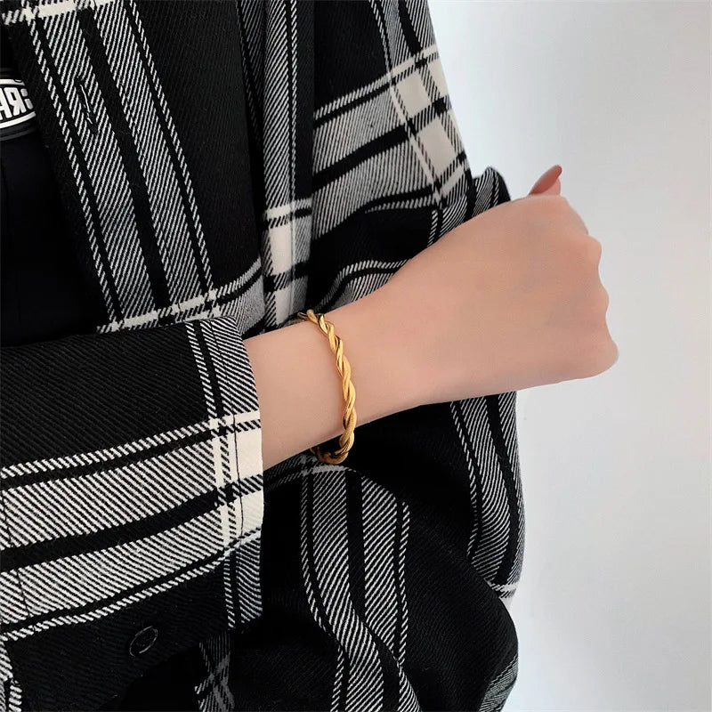 Trendy Charm Cuff Twist Bracelets Opening Bangles for Women Gold Color 316L Stainless Steel Wire Thin Simple Bangles Jewelry