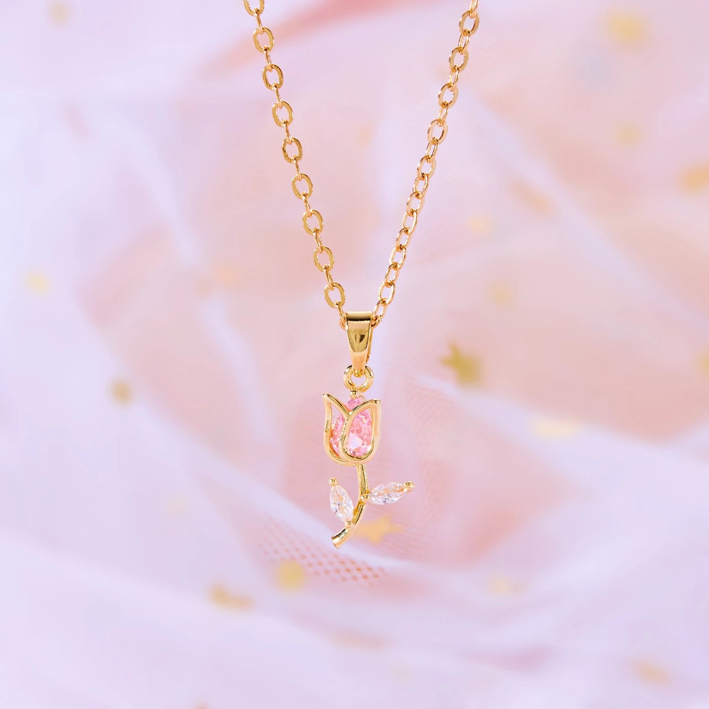 Light Luxury Zircon Tulip Flower Pendant Necklace for Women Elegant Stainless Steel Clavicle Chain Fashion Party Jewelry Gift