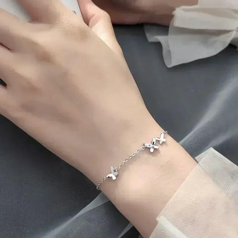 925 Sterling Silver Diamond-Studded Butterfly Bracelet Women's Fashion Jewelry Temperament Flower Adjustable Bracelet