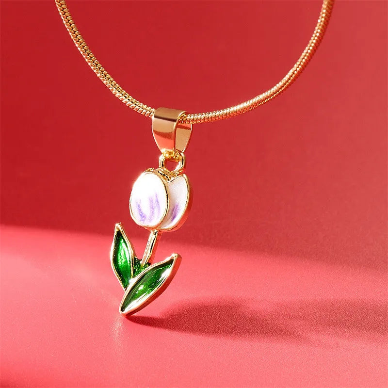 Vintage Elegant Enamel Tulip Flower Pendant Necklace For Women Fashion Young Girls Personality Accessories Clavicle Chain Choker