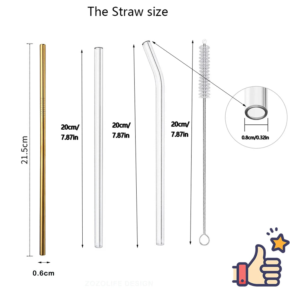 1-10Pcs Glass Straws Eco Friendly Reusable Drinking Metal Straw with Brushes Smoothies Milkshake Cocktails Party Bar Accessory