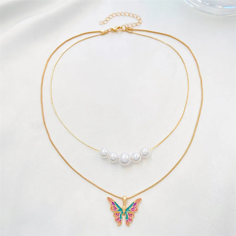 Fashion Barbie Princess Same Style Girl Butterfly Necklace Pearl Double Chain Necklace Jewelry Valentine's Day Souvenir Gift