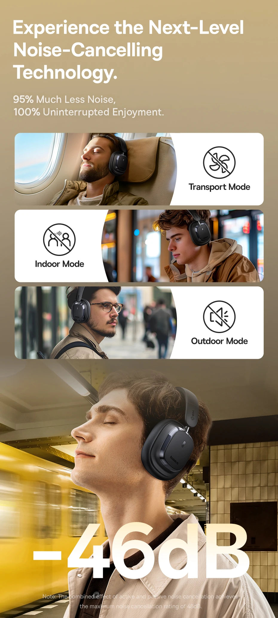 Baseus Bowie 10 Max Wireless Headphones Hybrid -46dB Noise Cancelling 120H Gaming Time Hi-Res Earphones Bluetooth 5.4 Headset