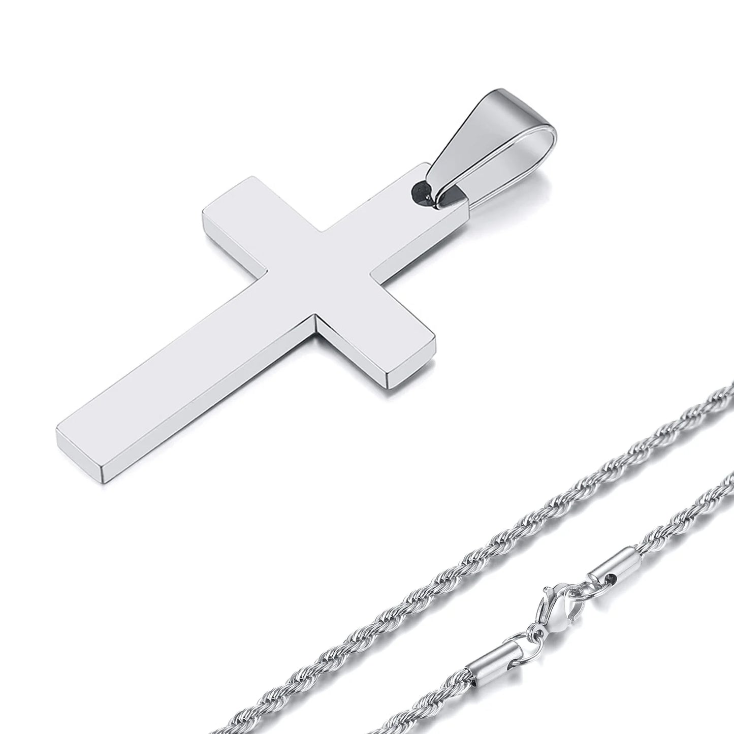 Waterproof Cross Necklaces for Men Male Gifts Jewelry, Anti Allergy Stainless Steel Plain Cross Pendant with Rope Chain