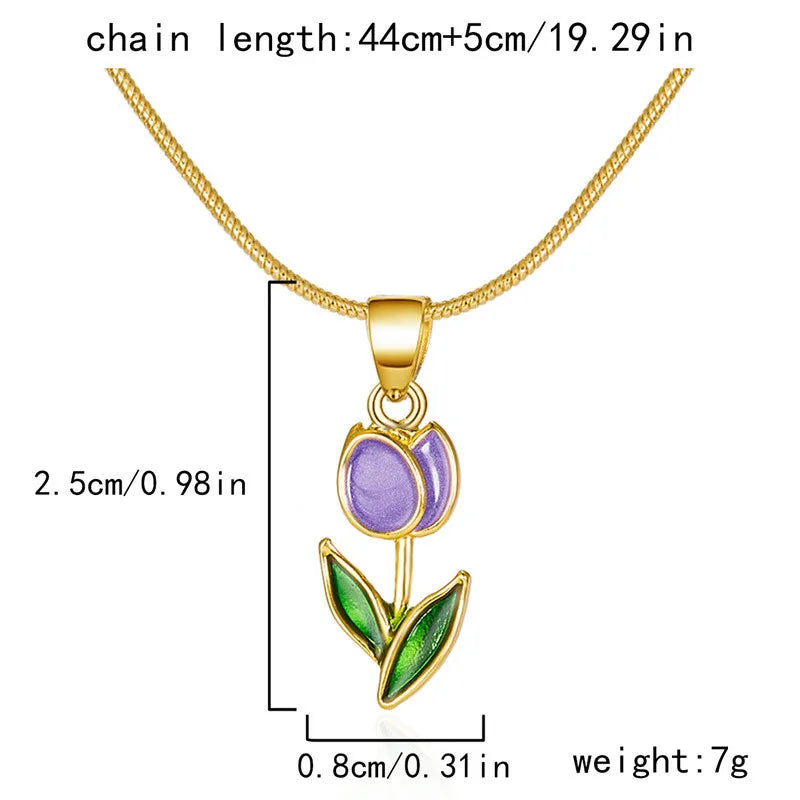 Vintage Elegant Enamel Tulip Flower Pendant Necklace For Women Fashion Young Girls Personality Accessories Clavicle Chain Choker