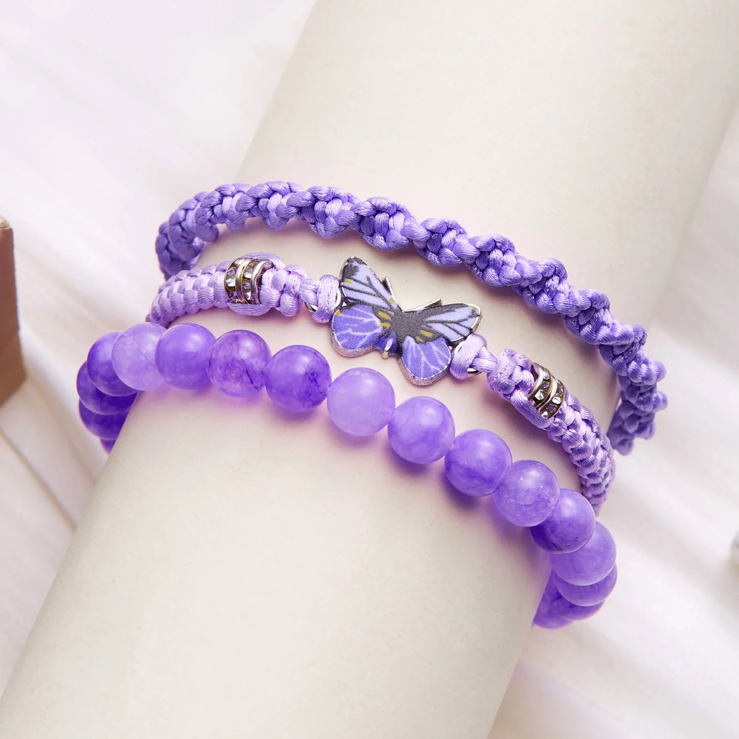 3pcs/set Handmade Purple Butterfly Bracelet For Women Men 8mm Black Natural Lava Stone Zircon Braided Bracelets Bangle Jewelry