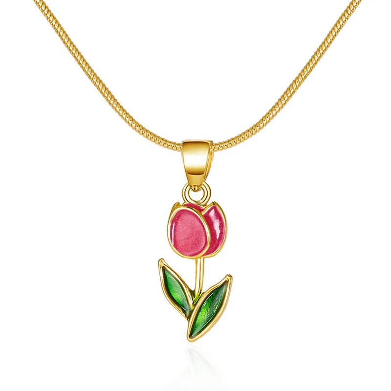 Vintage Elegant Enamel Tulip Flower Pendant Necklace For Women Fashion Young Girls Personality Accessories Clavicle Chain Choker