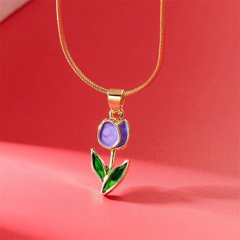 Vintage Elegant Enamel Tulip Flower Pendant Necklace For Women Fashion Young Girls Personality Accessories Clavicle Chain Choker