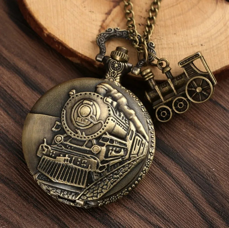 Classic Retro Steampunk Train Quartz Pocket Watch with Necklace Chain Pendant Gift for Male Men Vintage Clock