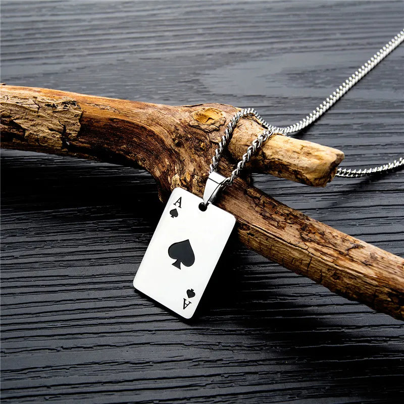 Men Statement Poker Lucky Ace of Spades Pendant Necklace Red Black Silver Color Jewelry Fortune Playing Cards Wholesale