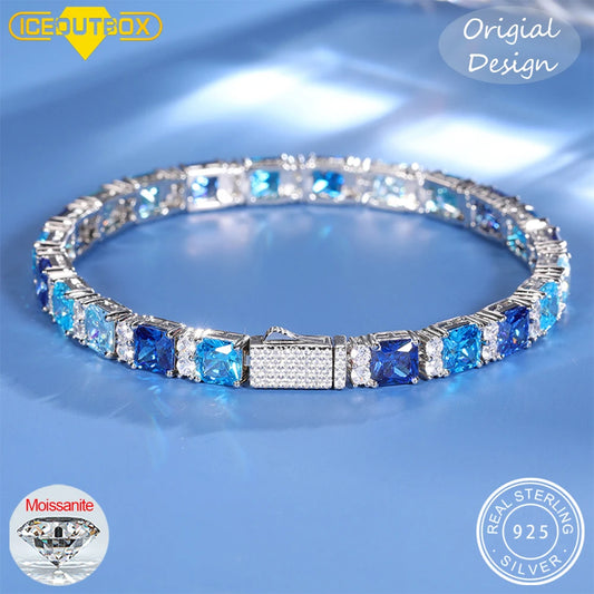 ICEOUTBOX Gradient Blue Square Baguette Tennis Bracelet For Women S925 Silver New Original Men Unisex Hip Hop Jewelry Party Gift