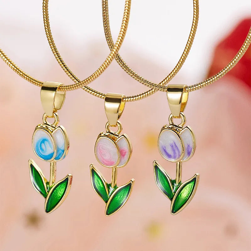 Vintage Elegant Enamel Tulip Flower Pendant Necklace For Women Fashion Young Girls Personality Accessories Clavicle Chain Choker