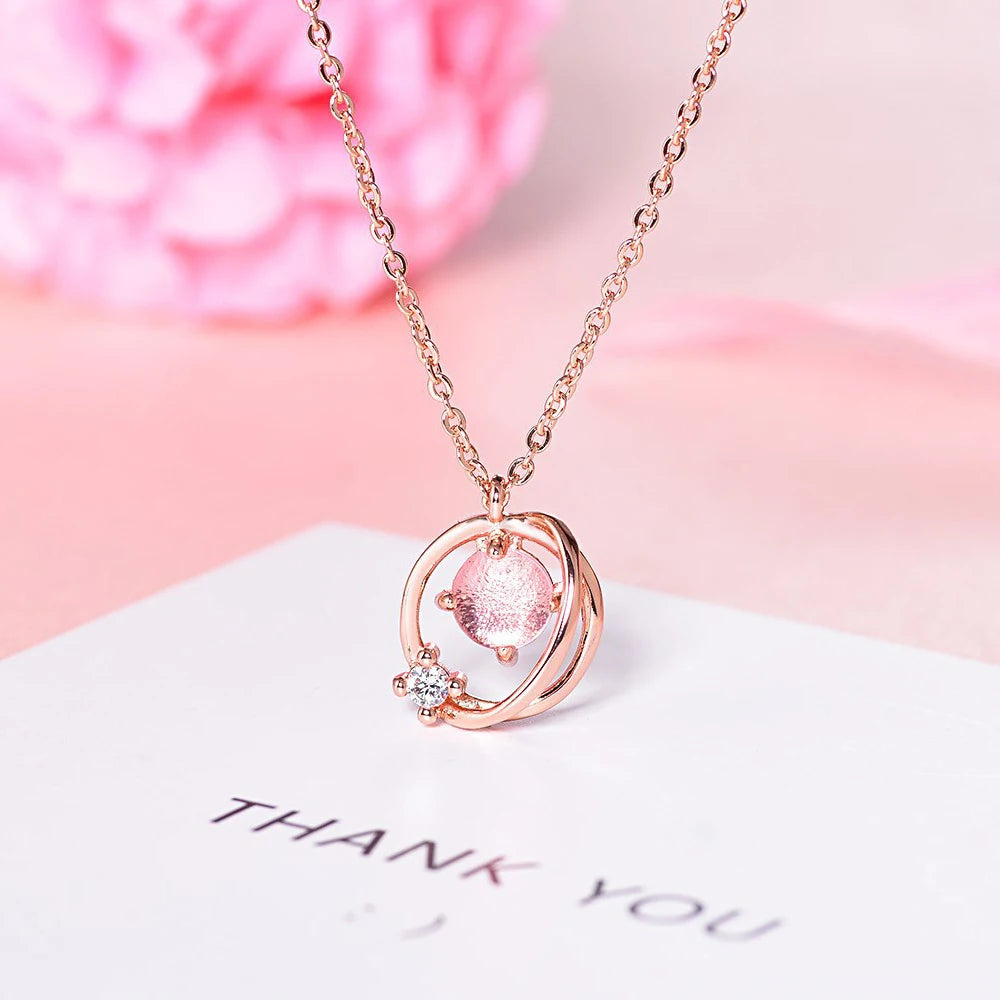 Pink Planet Meteor Shower Key Pendant Necklace Tiny Rose Gold Color Clavicle Chain Collar for Women Friendship Jewelry