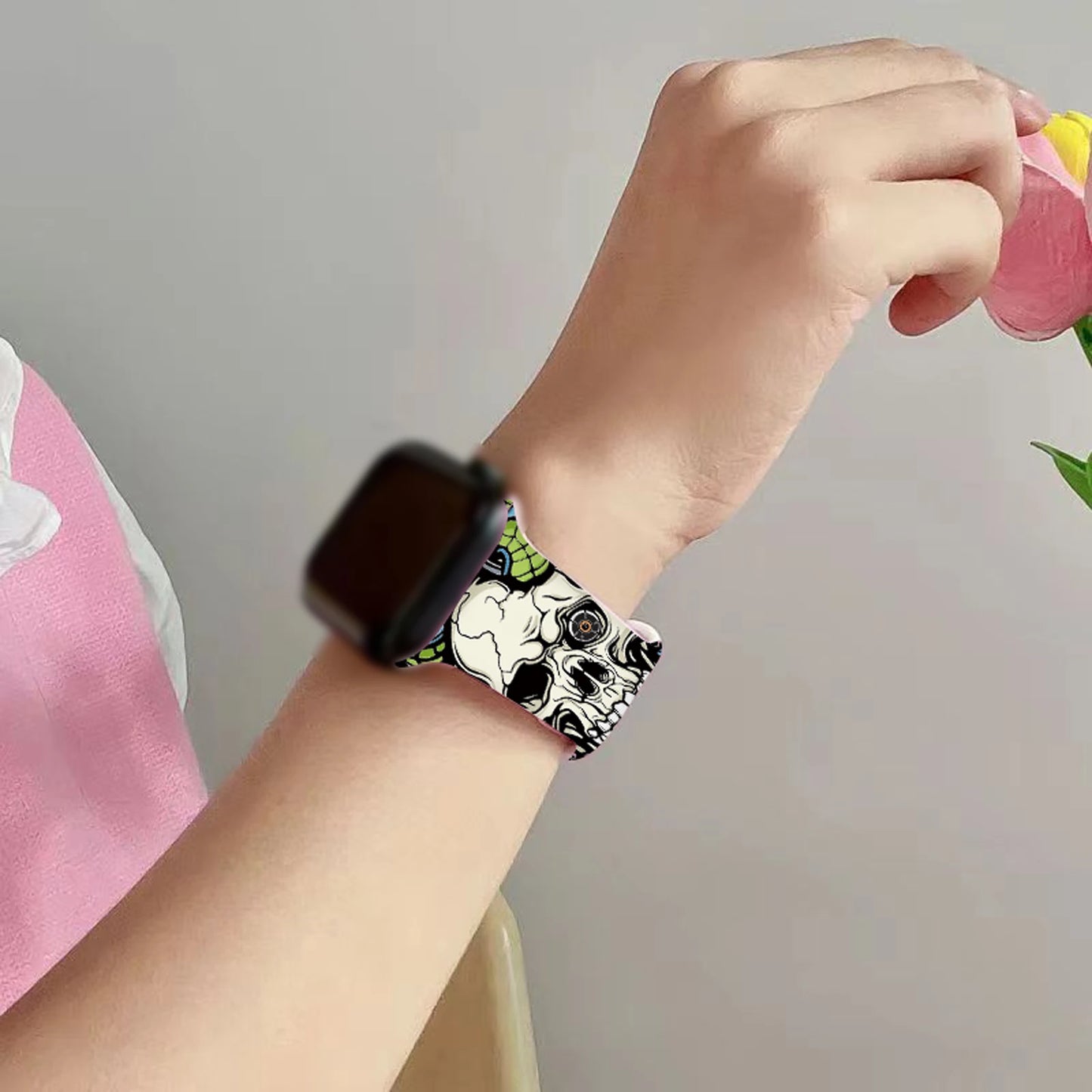 Dark Skull Silicone Printed Strap for Apple Watch 9 8 7 SE Band Replaceable Bracelet for iWatch 45mm 44mm 42mm 41mm Watchband