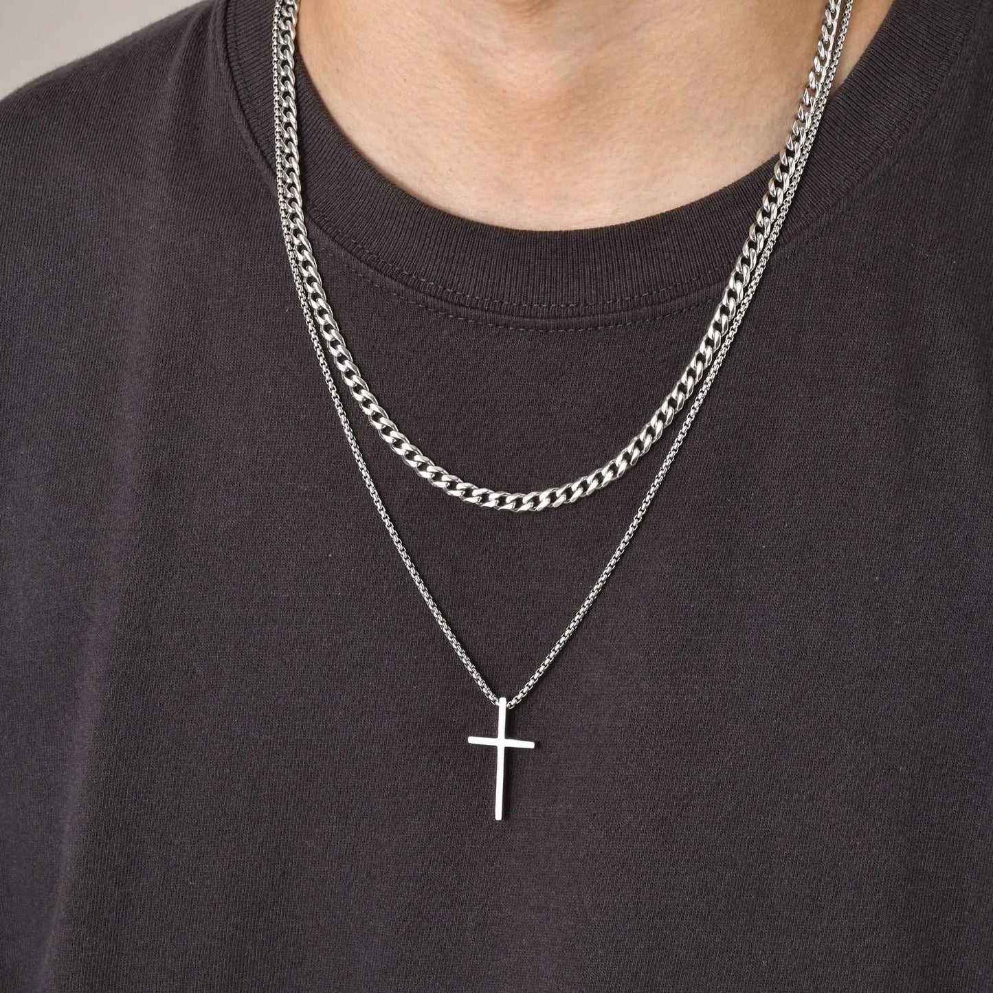 Vnox Mens Cross Necklaces, Stainless Steel Layered Plain Cross Pendant, Rope Box Chain Necklace, Simple Prayer Jesus Collar