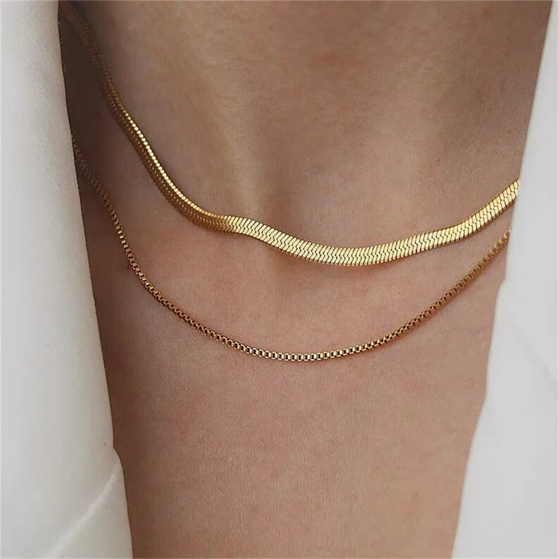 Fashion Multilayer Snake Chain Necklaces For Women Gold Color Herringbone Choker Clavicle Neck Chains 2023 Trendy Jewelry Gifts