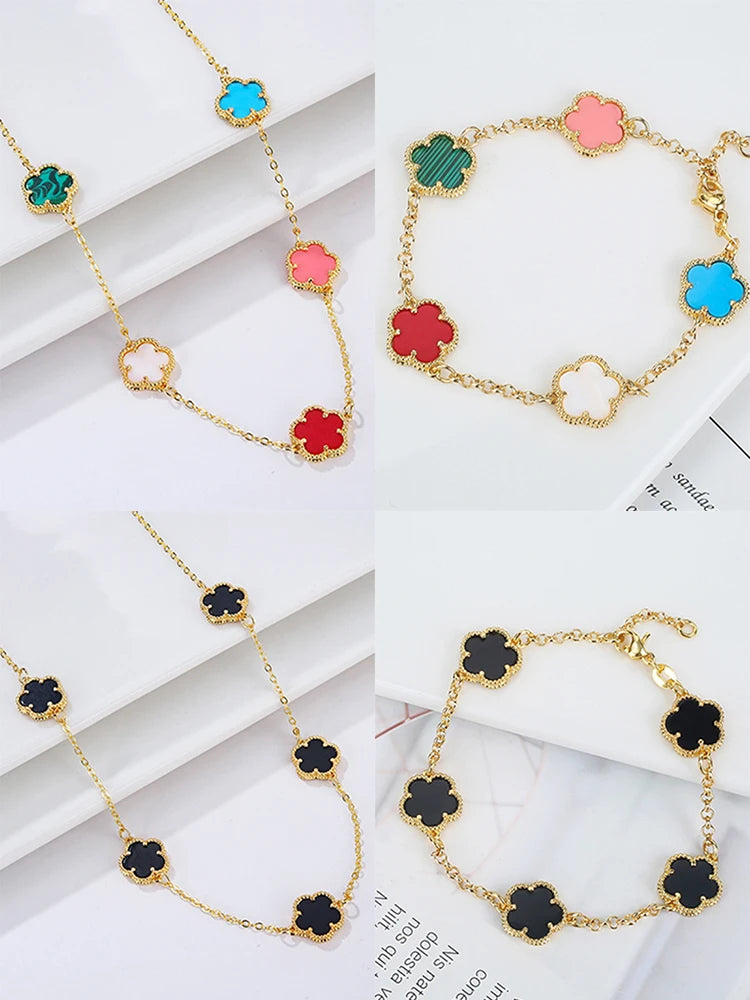 2024 Hot Sale 10 Colors Five-Leaf Flower Set Bracelet Necklace Classic Simple Women Jewelry Set Suitable For Daily Party Wear