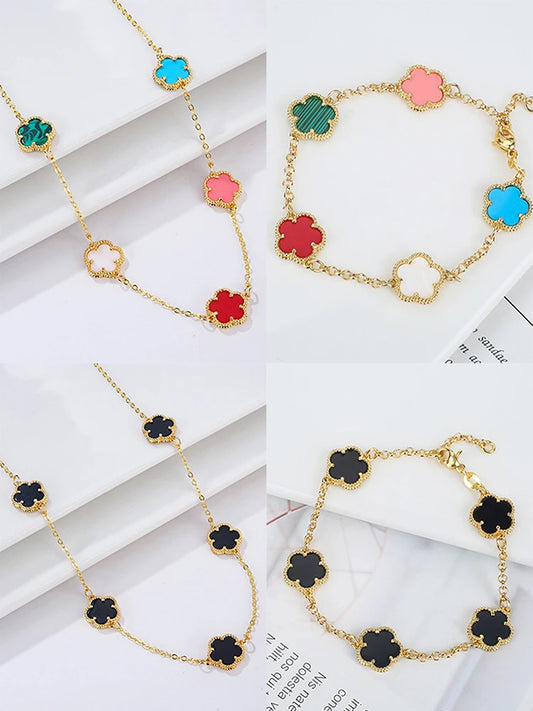 2024 Hot Sale 10 Colors Five-Leaf Flower Set Bracelet Necklace Classic Simple Women Jewelry Set Suitable For Daily Party Wear