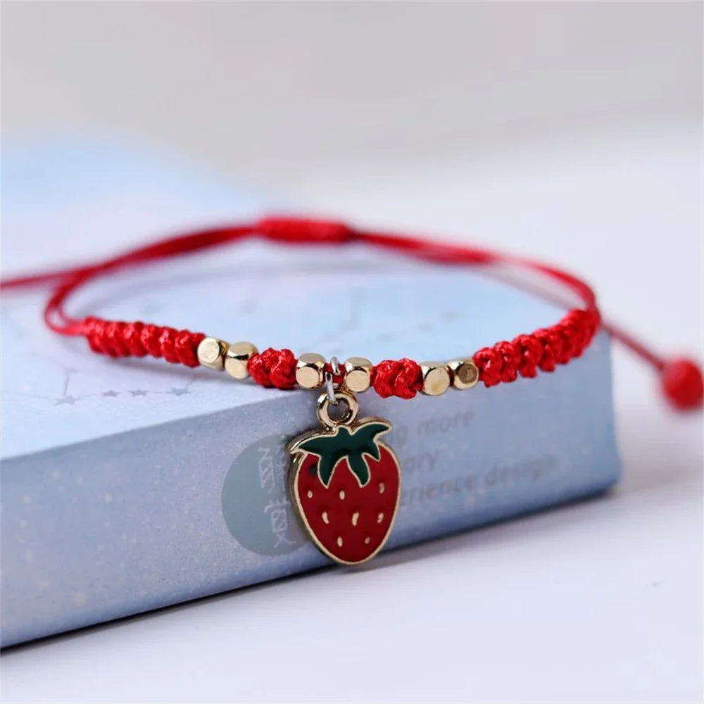 Sweet Strawberry Cherry Braided Hand-string DIY Adjustable Red Rope Bracelets For Girls Fashion Accessories Gifts Jewelry