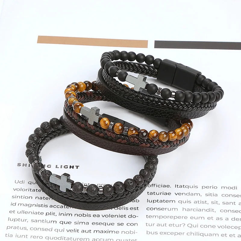 Vintage Multi-Layer Leather Bracelet Men Punk Cross Charm Tiger Eye Stone Beads Bracelet Fashion Braided Wrap Wristbands Jewelry