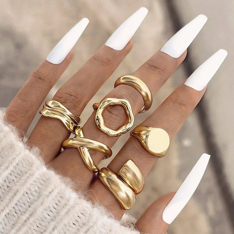 6Pcs/Set Gold Color Smooth Geometric Open Rings Set For Women Exaggerated Metal Irregular Thick Chunky Ring Jewelry Gift