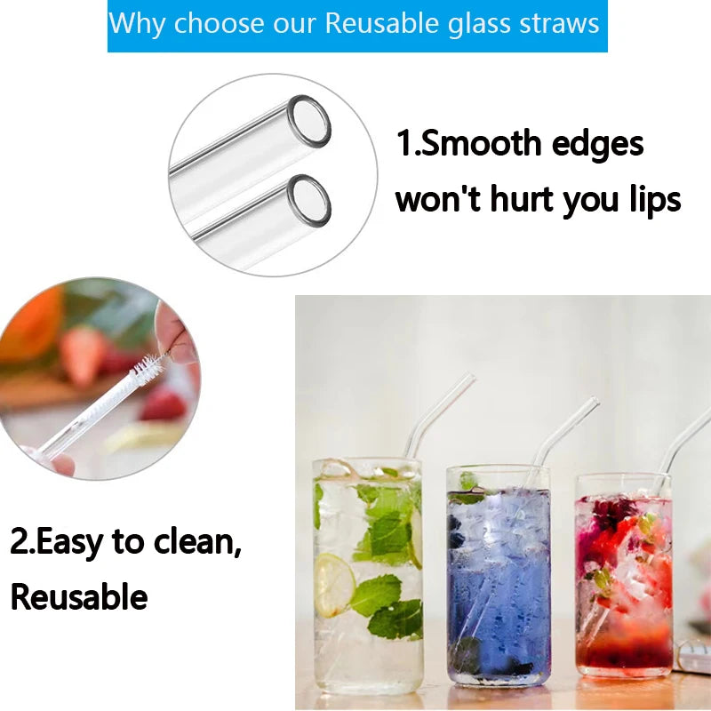 1-10Pcs Glass Straws Eco Friendly Reusable Drinking Metal Straw with Brushes Smoothies Milkshake Cocktails Party Bar Accessory