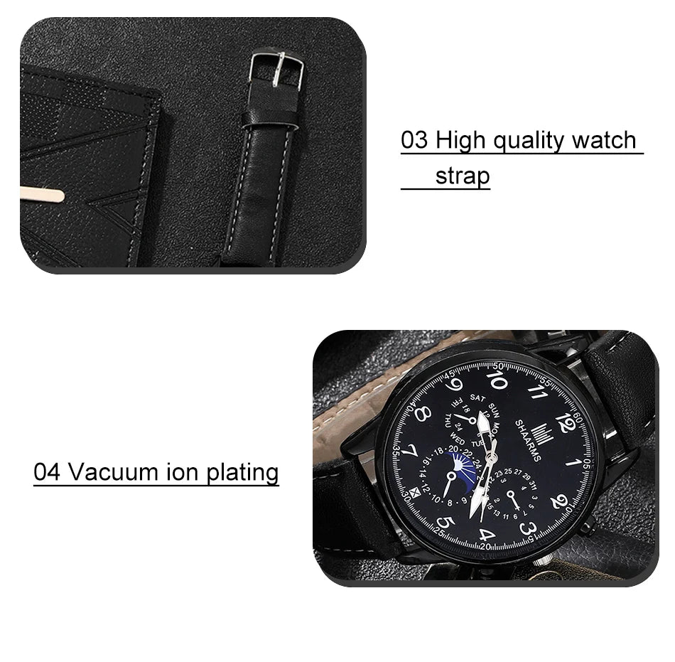 Fashion Mens Watches Wallet Glasses For Men Retro Black Bussiness Quartz Watch Male Casual Watch Relogio Masculino