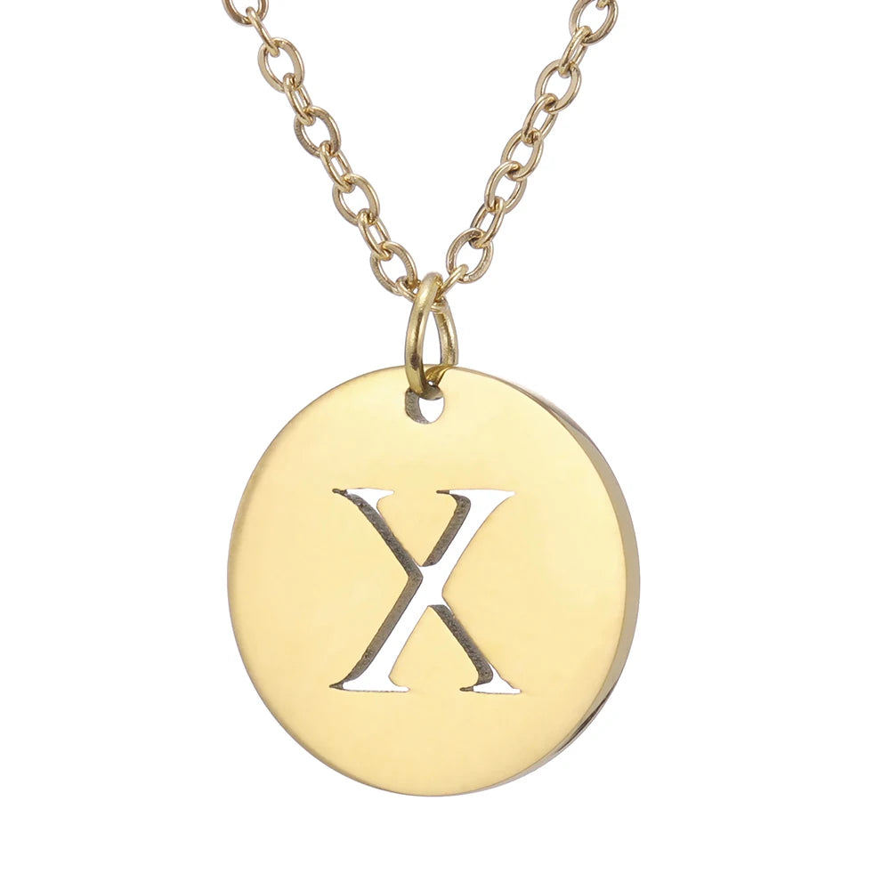 Amaxer Stainless Steel Necklace Fashion Gold Color Initial Charms Metal Round A To Z Letters For Women Single Name Jewelry Gifts