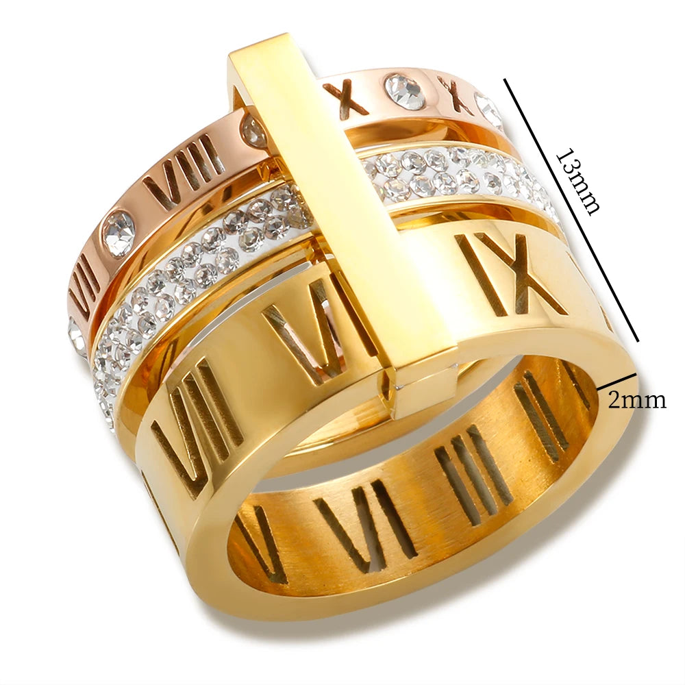 Three Layers Roman Numerals Ring for Women Luxury Stainless Steel Rotatable Crystal Finger Rings Female Wedding Trendy Jewelry