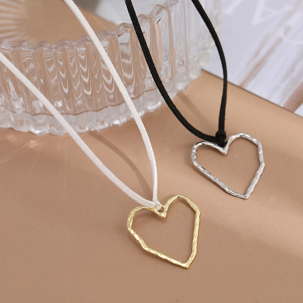 Summer Leather Chain Large Abstract Heart Pendant Colar Long Suede Leather Necklace Jewelry Gift For Woman&Me