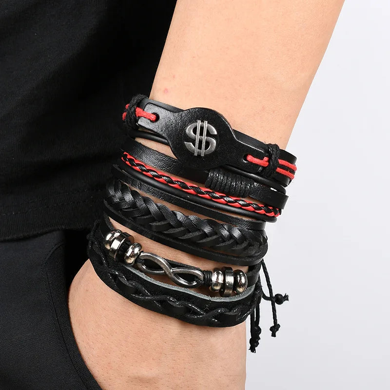 1 Fashion Bracelet Viking  Bracelet For Men Hand Bracelets Woven Skull Hand Jewelry Adjustable Leather Set Bracelet For Leather