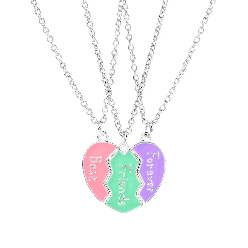 Lovecryst 3Pcs/set Cute 3-color Heart Broken Stitching Magnetic Best Friend Necklace for Girls BFF Friendship Jewelry Gift